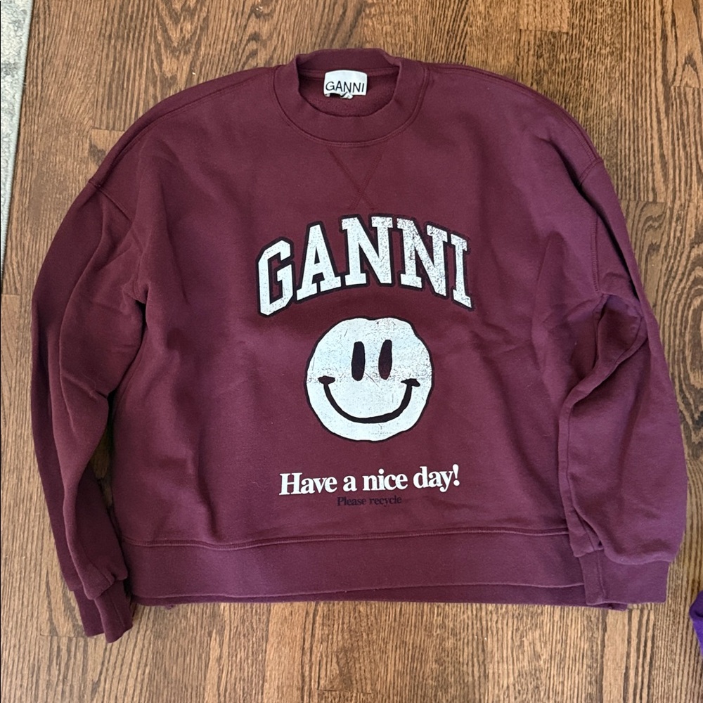 Ganni Maroon Sweatshirt with White Smiley Graphic
